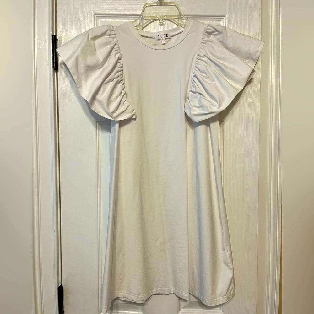 Boutique cotton white dress with puffy flutter sleeves